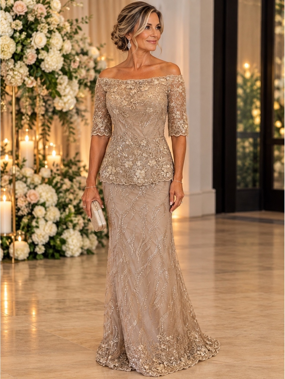 Champagne Size 14 Beige Lace Off-Shoulder Evening Gown size 14 sleeve